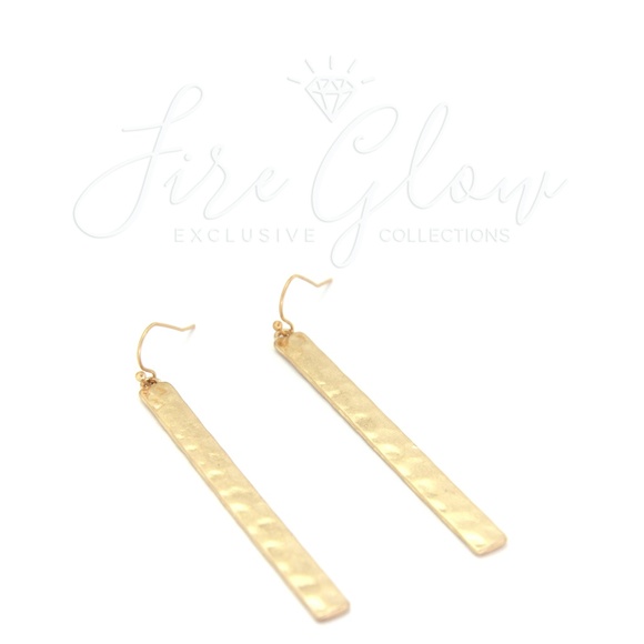 Gold Tone Long Bar Hammered Metal Hook Earrings - Picture 4 of 8